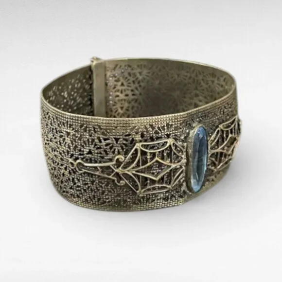 Antique Art Deco Wide Filigree Blue Glass Center Stone Buckle Bracelet - Picture 12 of 13
